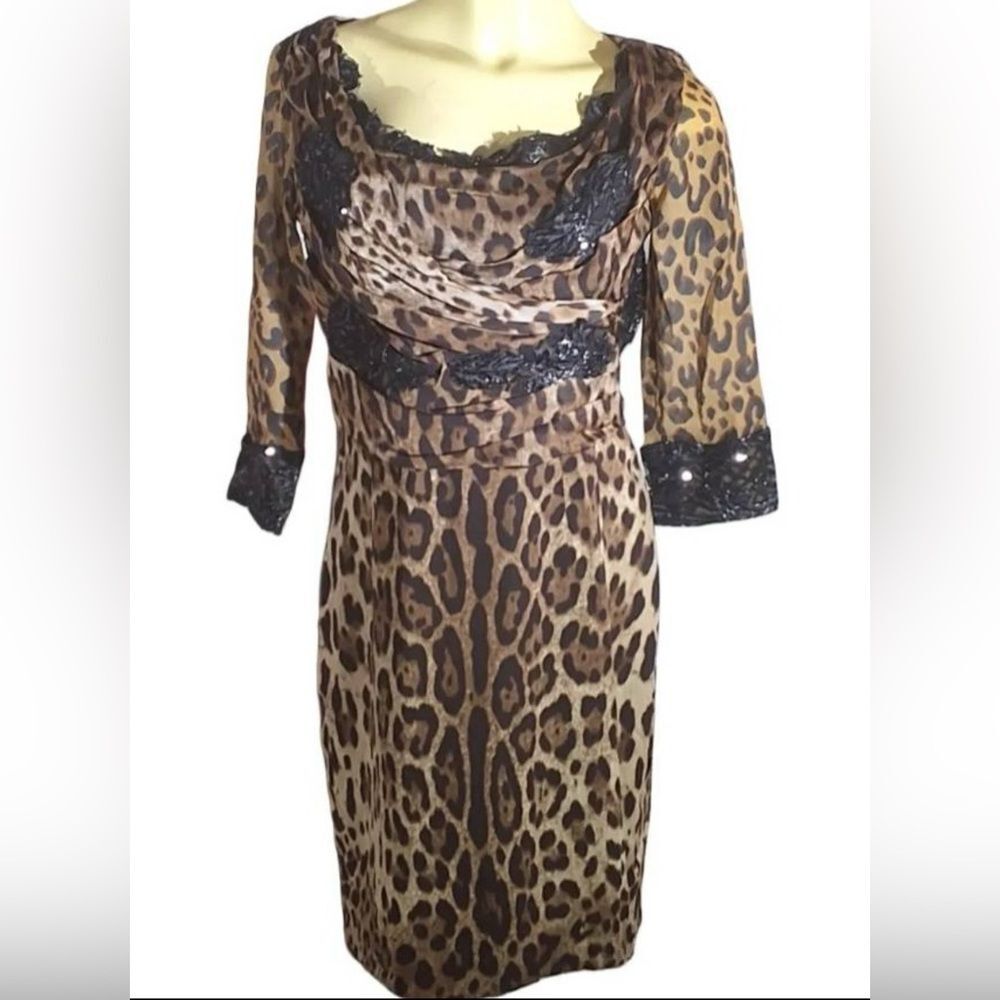Dolce & Gabbana Leopard Print Silk Dress IT 44 US 8 Lace Sequin Cocktail Italy